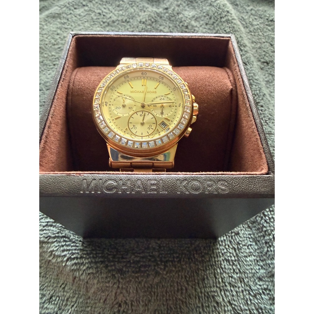 Michael Kors Ritz Gold Tone Crystal Bezel Chronograph Watch MK5676 Box & Links